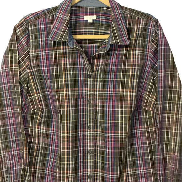 Talbots Woman 1X Plaid Shirt Roll Tab Sleeves Denim Trim Multicolor Cotton Plus - Picture 2 of 7